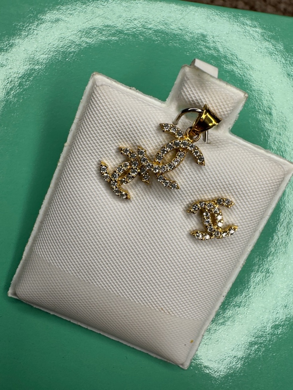 CHANEL Gold and Clear Crystal Double CC Pendant with Single CC Stud